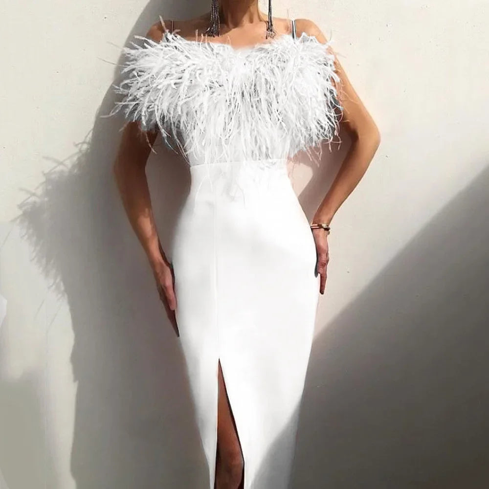 2024 New Cross-border Spring Summer Women's Fashion Tank Feather Dress Elegant Slimming Arm-covering Gown For Banquets