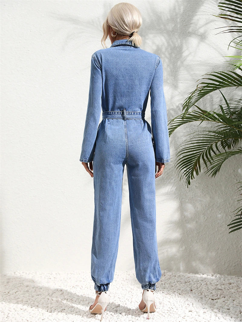 Denim Faded Blue Long Sleeve Women's Turn-Down Collar With Belted Jeans Jumpsuit