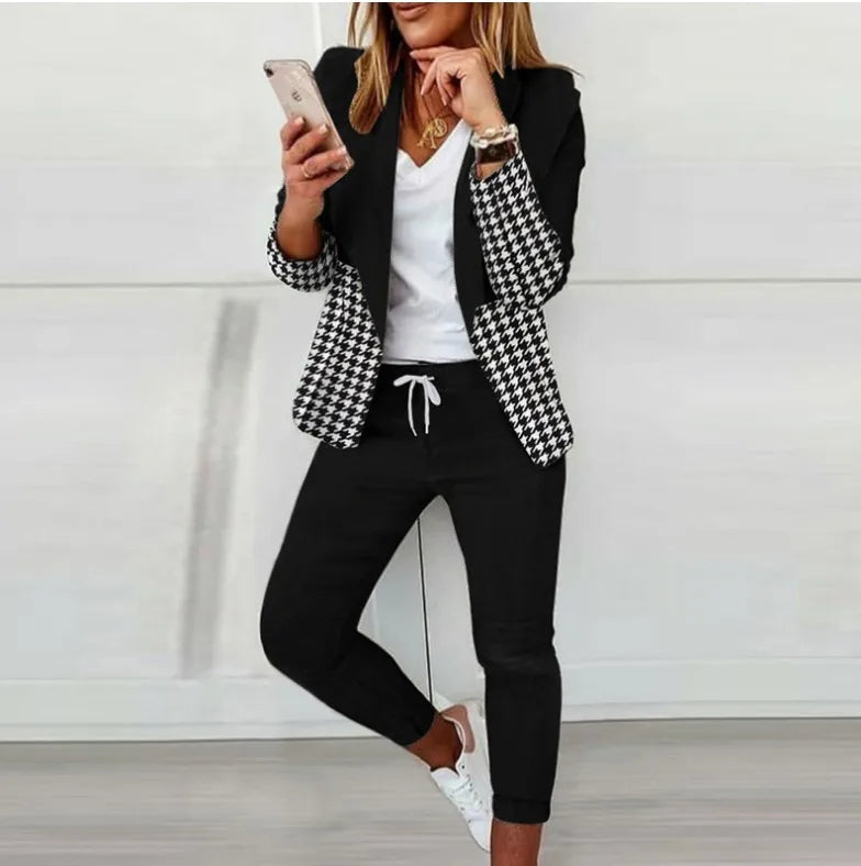 English Plaid Print Blazer Jacket +Matching Ankle Length Pants Women's Suit