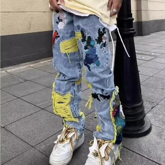 Streetwear Baggy Stacked Ripped Graphic Embroidered Hip Hop Jeans