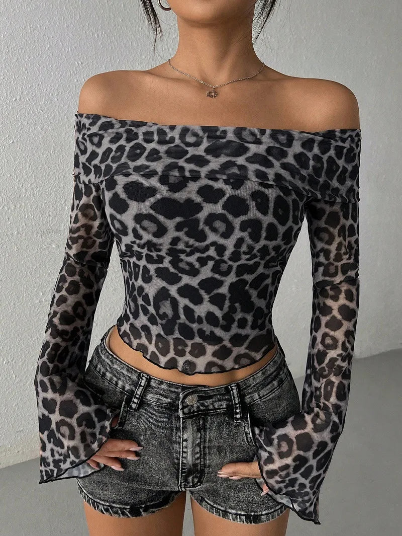 Leopard Print Off-the-Shoulder Streetwear Long Sleeve O-Neck Women's Shirt
