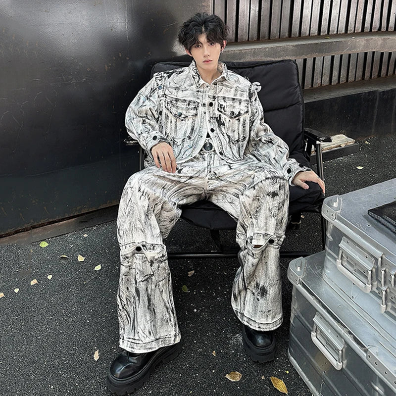 Men's White/Black Tie-Dye Print High Street Denim Pocket Design Jean Jacket + Wide Leg Cargo Jeans 2-Piece Set