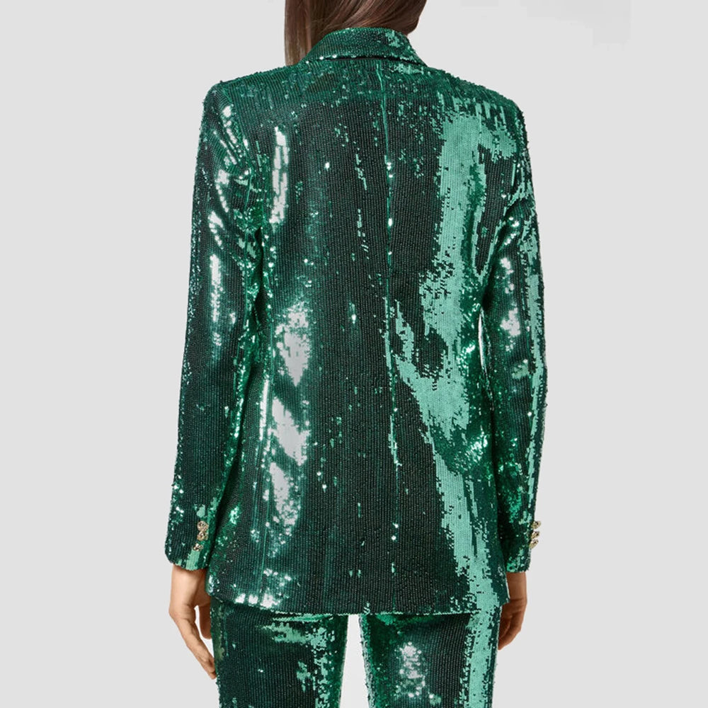 Metallic Sequined Single Button Temperament  Ladies Blazer + Matching Pants Suit