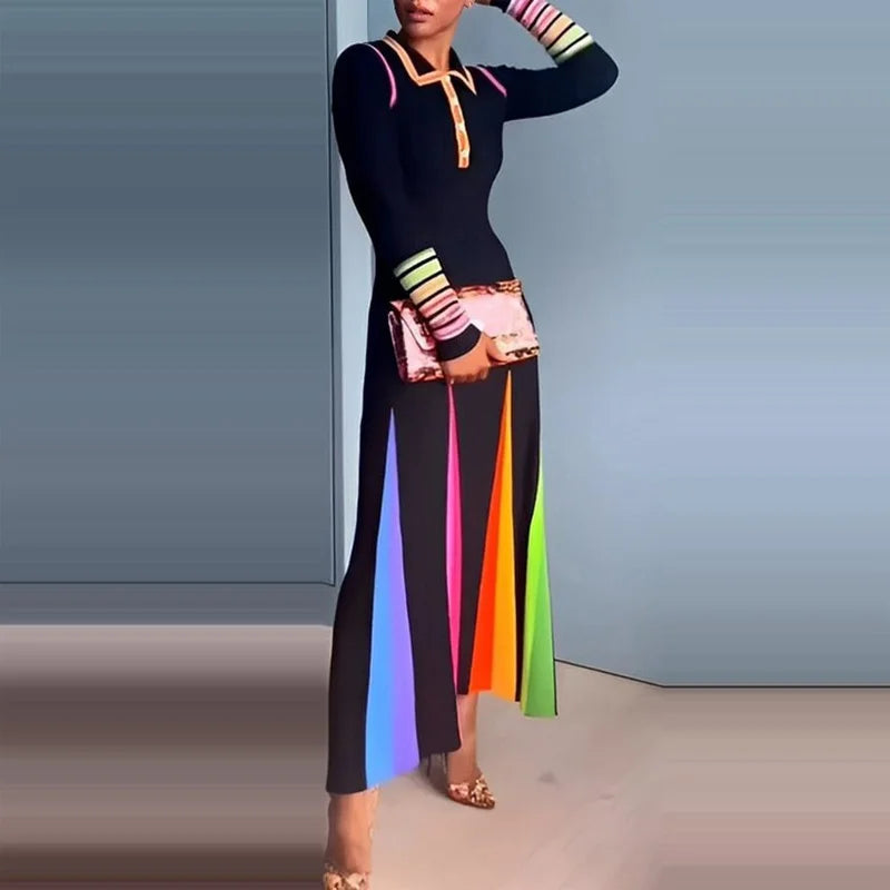 Rainbow Patchwork Colorblock Striped Turn-Down Collar Skinny Long Sleeve Button Front Shirt Dress