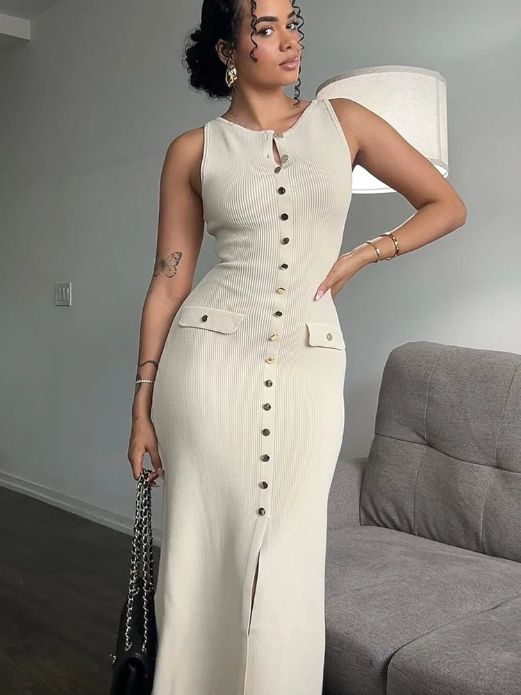 Ribbed Sleeveless Knitted O-Neck Button-Up Sleeveless Single Breasted Double Pocket Design Bodycon Sweater Dress