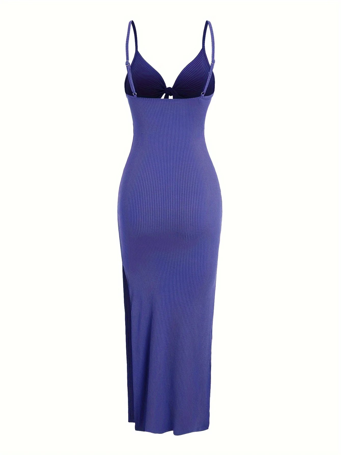 Ribbed Bowknot Design Spaghetti Strap V-Neck Knitted Sleeveless Solid Color High Slit Maxi Dress