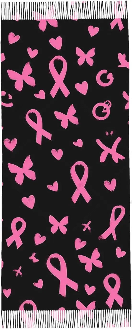 Oversized Heart Breast Cancer Awareness Pink Ribbon Print Tassel Fringe Shawl Scarf