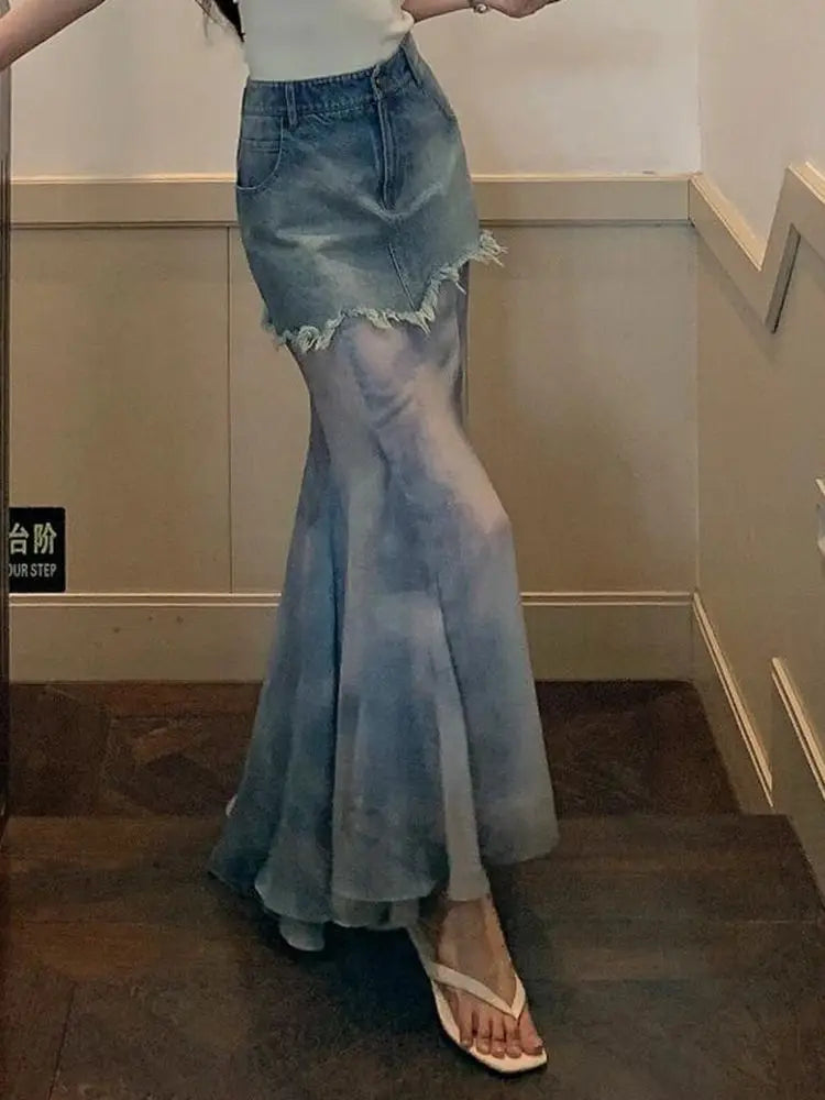 Retro Denim Patchwork Mesh Transparent Fishtail Design High Waisted Ruffled Jean Sheer Contrast Maxi Skirt