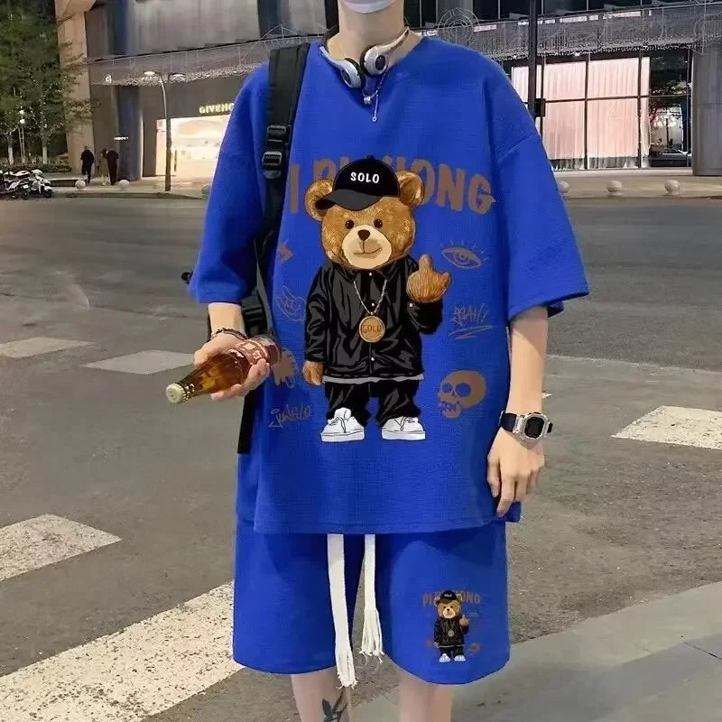 Men's Teddy Bear 3D Embroidered Design Streetwear Hip-Hop Short Sleeve T-Shirt + Drawstring Shorts 2 Piece Set