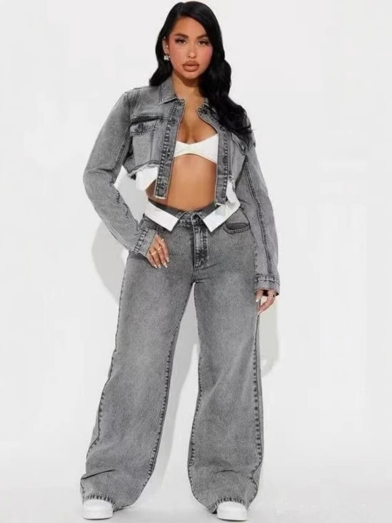 Washed Denim Long Sleeve Cropped Jean Jacket + Straight Jeans  Set