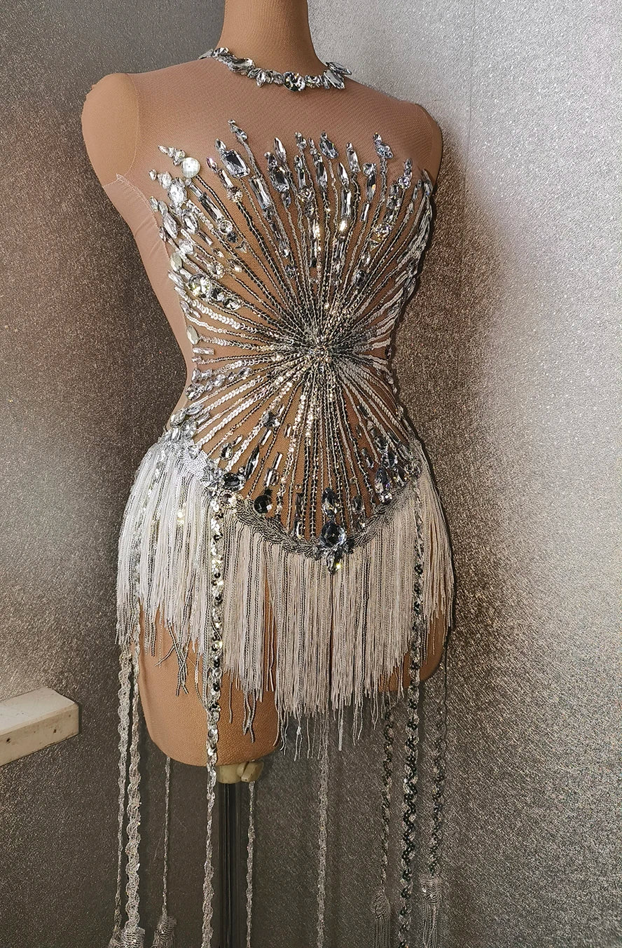 Rhinestone Crystal  Tassel Fringe Performance Formal Bodysuit