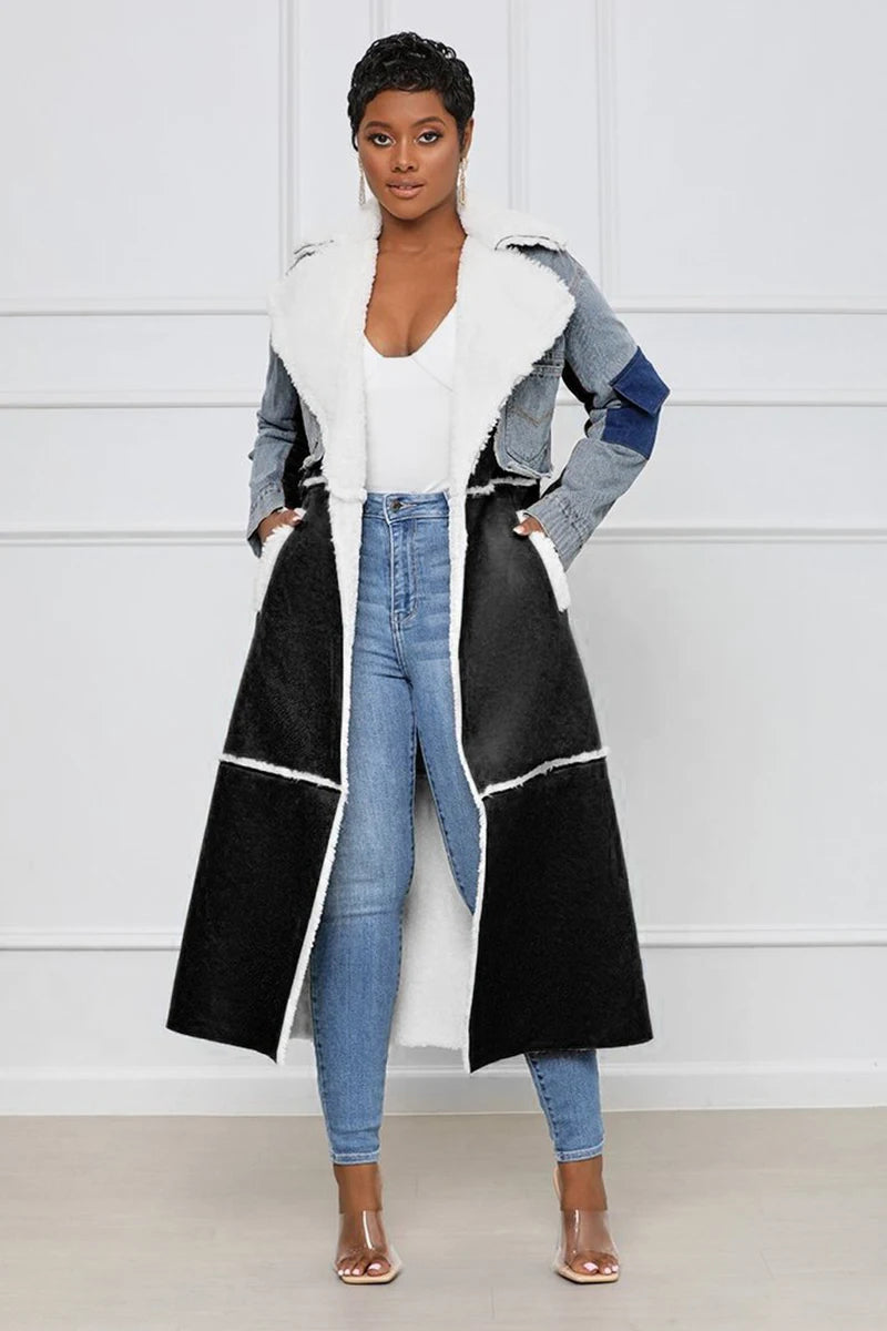 Denim Temperament Patchwork PU Leather Fleece Lined Women's Turn-Down Collar Trenchcoat to 5X Plus Size