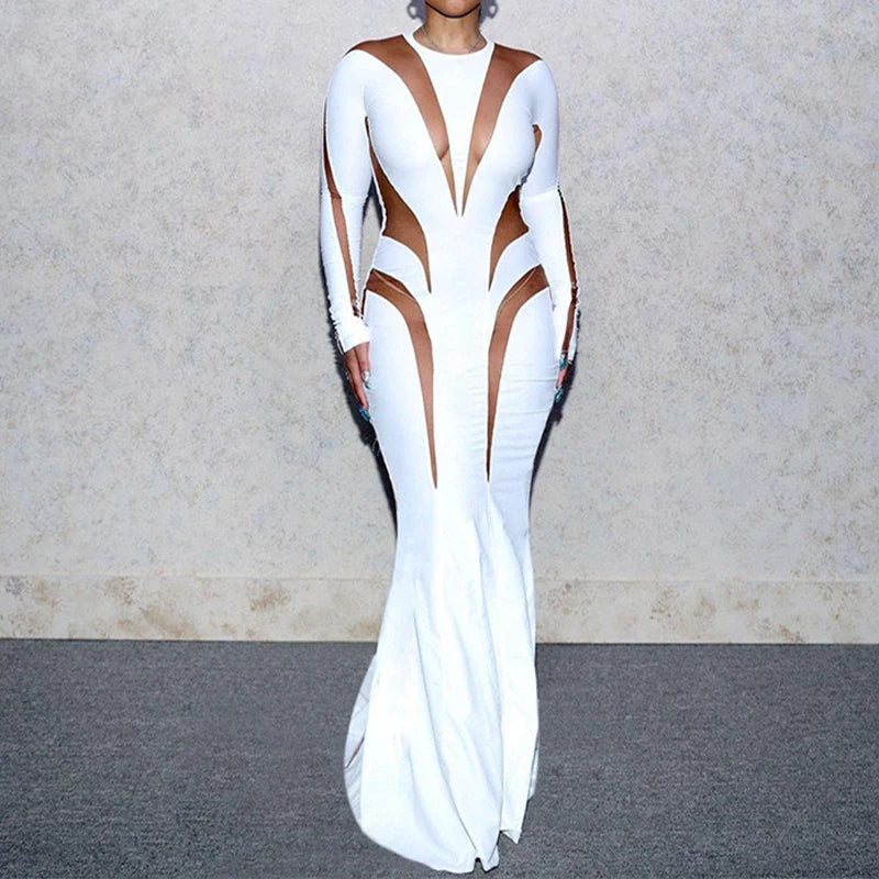 Sheer Transparent Mesh  Colorblock Diagonal Striped Irregular Mesh Patchwork Long Sleeve Bodycon Skinny Maxi Dress