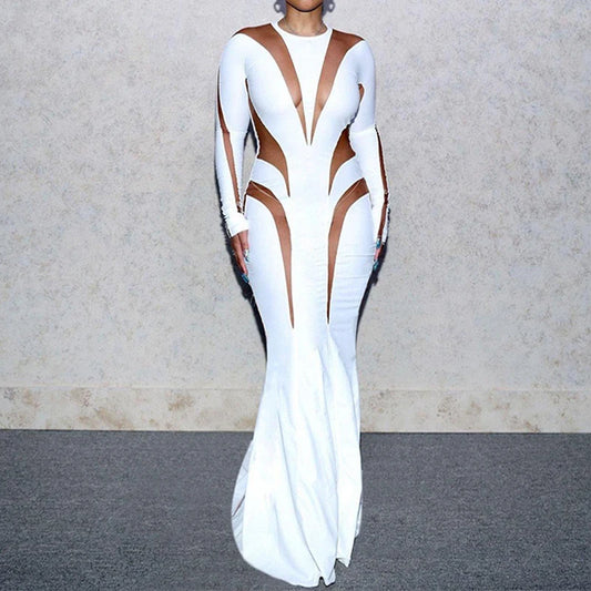 Sheer Transparent Mesh  Colorblock Diagonal Striped Irregular Mesh Patchwork Long Sleeve Bodycon Skinny Maxi Dress
