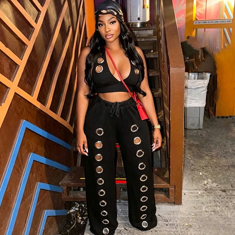 Ringlet Design Backless Hollow-Out Halter V-Neck Crop Top + Matching Pants Women's 2-Piece Set