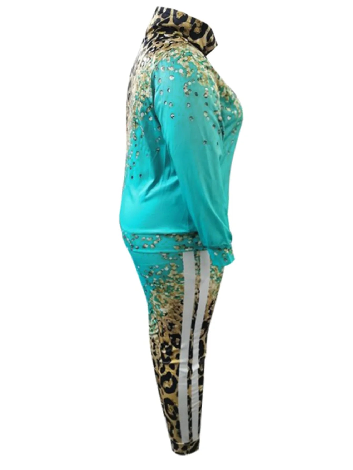 Green/Gold Colored Leopard Turtleneck Long Sleeves Leopard Print Striped Tracksuit to 5X Plus Size