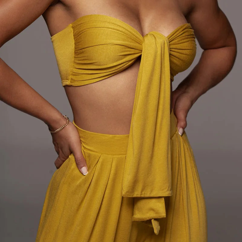 Sleeveless Bowknot Design Tube Top+ Wide Leg Pants Women's Solid Color 2-Piece Set