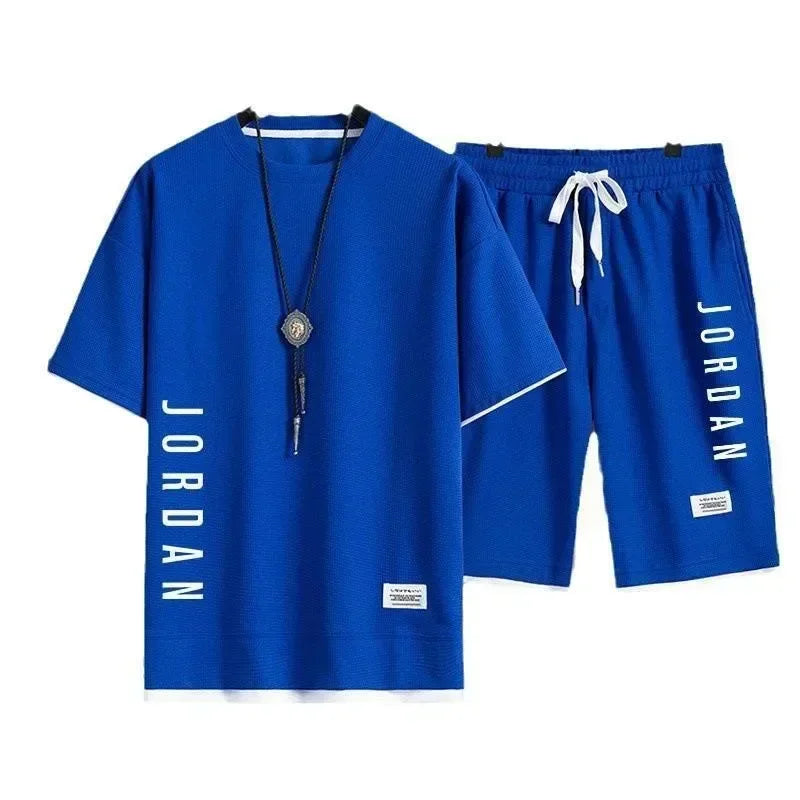 Men's Fitness "Jordan" O-Neck Short Sleeve T-Shirt + Drawstring Basketball Shorts 2-Piece Set