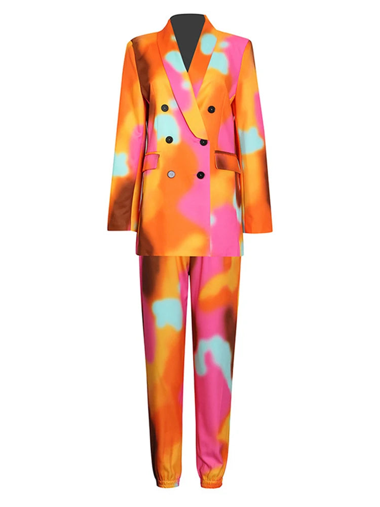 Tie-Dye Notched Collar Double Breasted Long Sleeve Blazer + Harem Pants Women's Suit