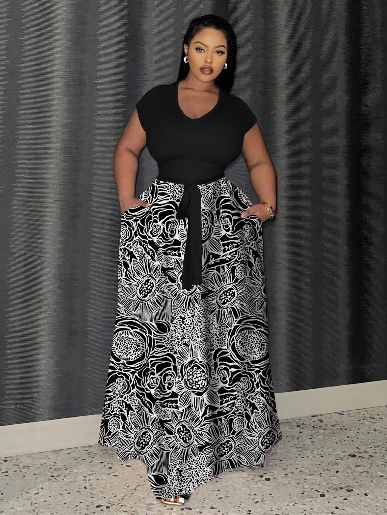 Geometric Multi-Colored Bandage Design Belted Short/Long Sleeve O-Neck Maxi Dress to 5X Plus Size