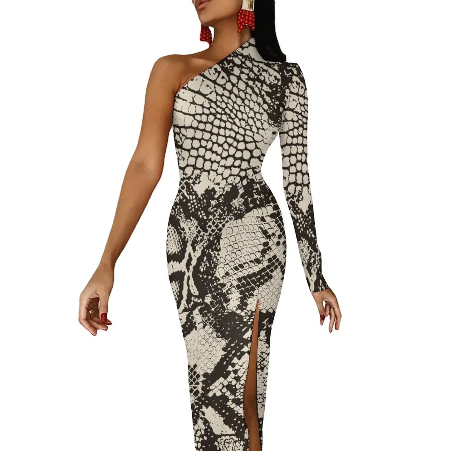 Snake Print/Geometric High Slit One Shoulder Long Sleeve Party Bodycon Maxi Dress