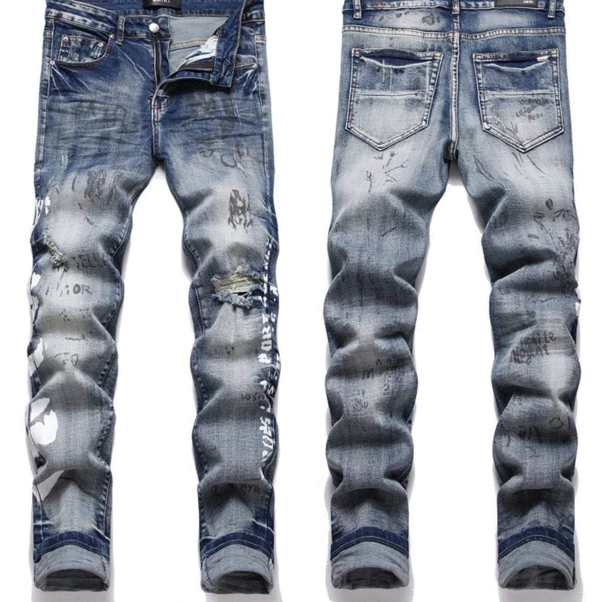 Men's Denim 3D Graffiti Paint Splash Design Washed Distressed  Embroidered  Stacked Ruched Skinny Jeans