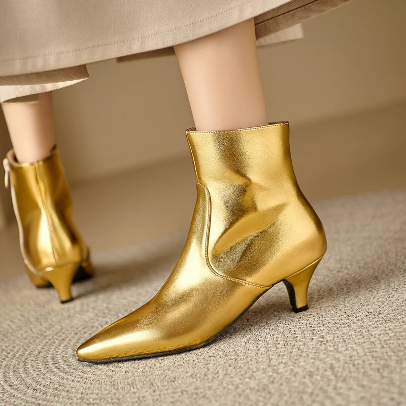 Metallic Solid Gold/Silver Kitten Heel Pointed Toe Side Zipper Chelsea Ankle Boots