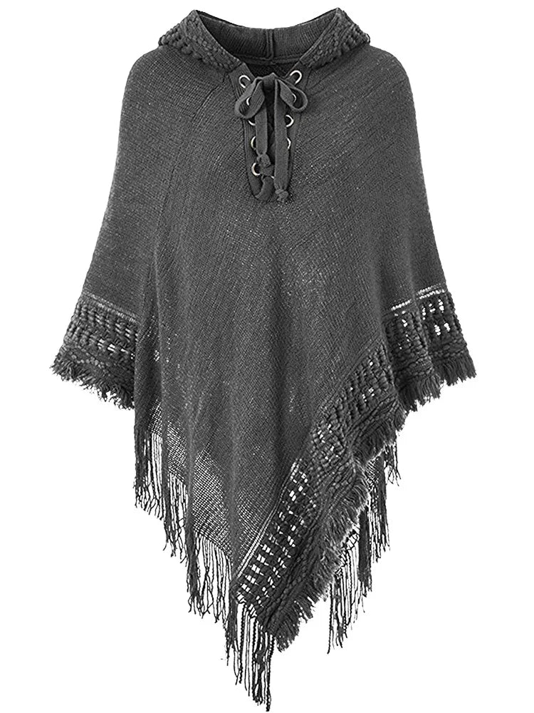 Fringe Tassel Women's Knitted Hooded Crochet Shawl Wrap Sweater