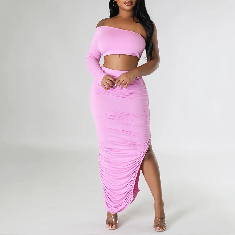 Asymmetrical One Shoulder Solid Backless Long Sleeve Crop Top + Bandage Shirred Draped Ruched High Slit Maxi Skirt 2-Piece Set