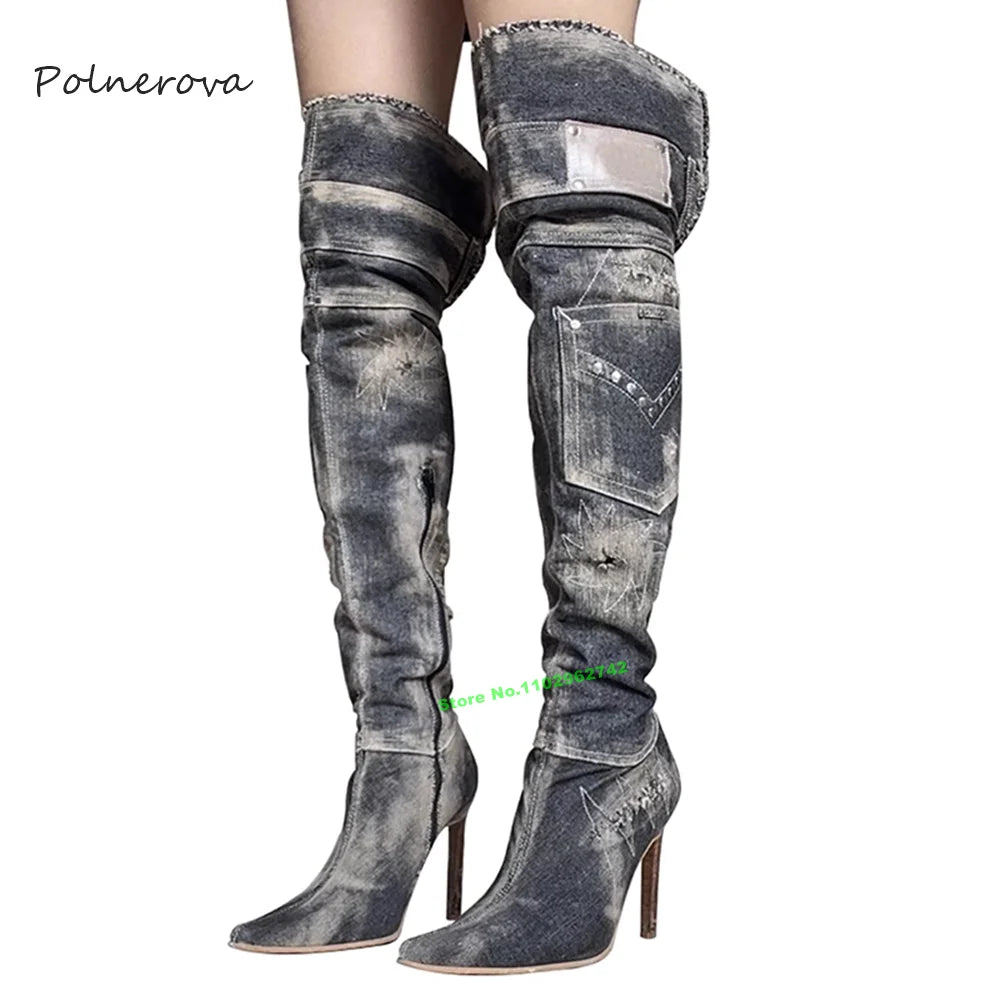 Retro Grey Denim Knee High Pointed Toe Thin High Heel Zipper Boots