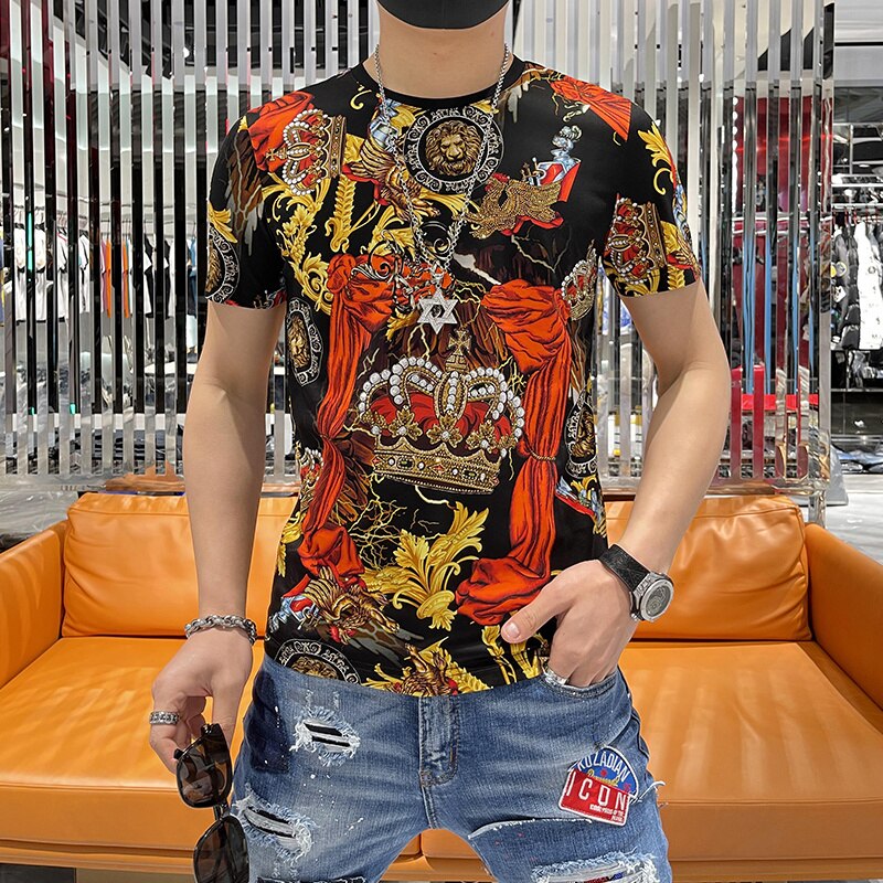 Men's Baroque Rhinestone Crown Short Sleeve T-Shirt