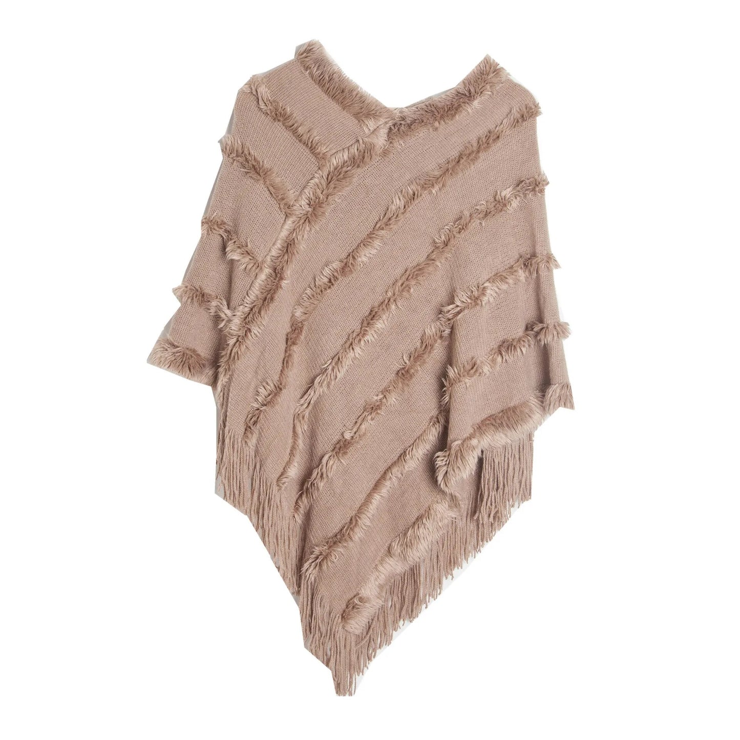 Tassel Hem Ladies Pullover Knitted Poncho Cape Shawl