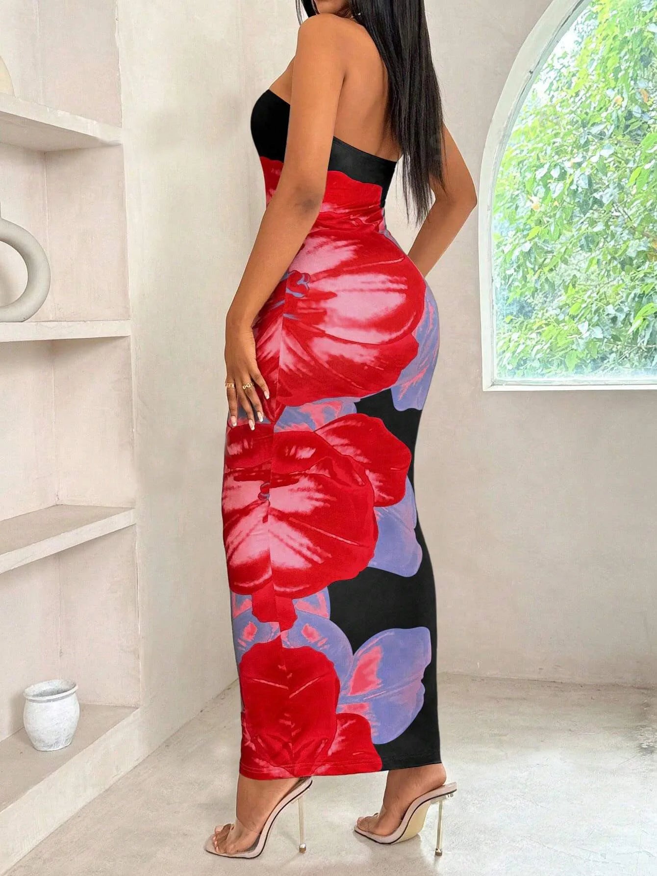 Sleeveless Big Flower Print Bodycon Skinny Maxi Tube Dress