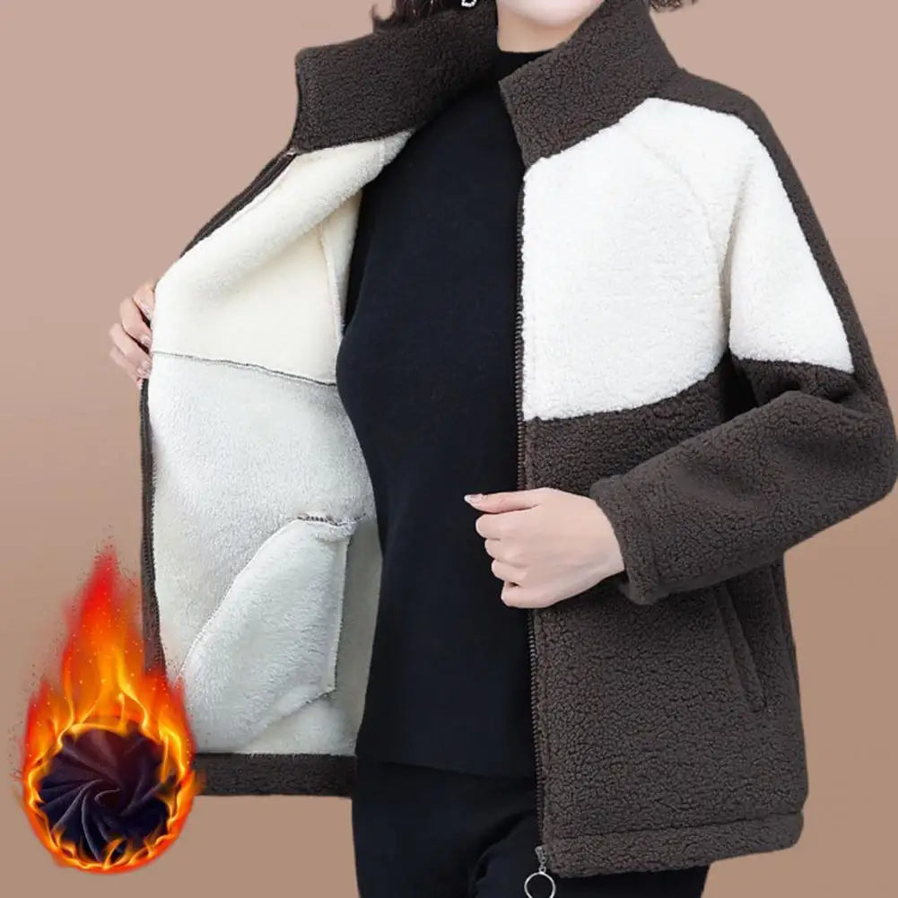 Colorblock Plush Fleece Women's Stand Collar Zipper Cardigan Jacket