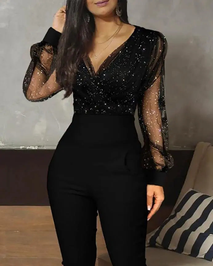 Lace Glitter Sheer Mesh Transparent Pocket Design Jumpsuit