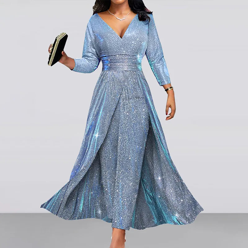 Sequined Baby Blue Glitter Flared Split Evening V-Neck Long Sleeve Formal Jumpsuit to 3X Plus Size