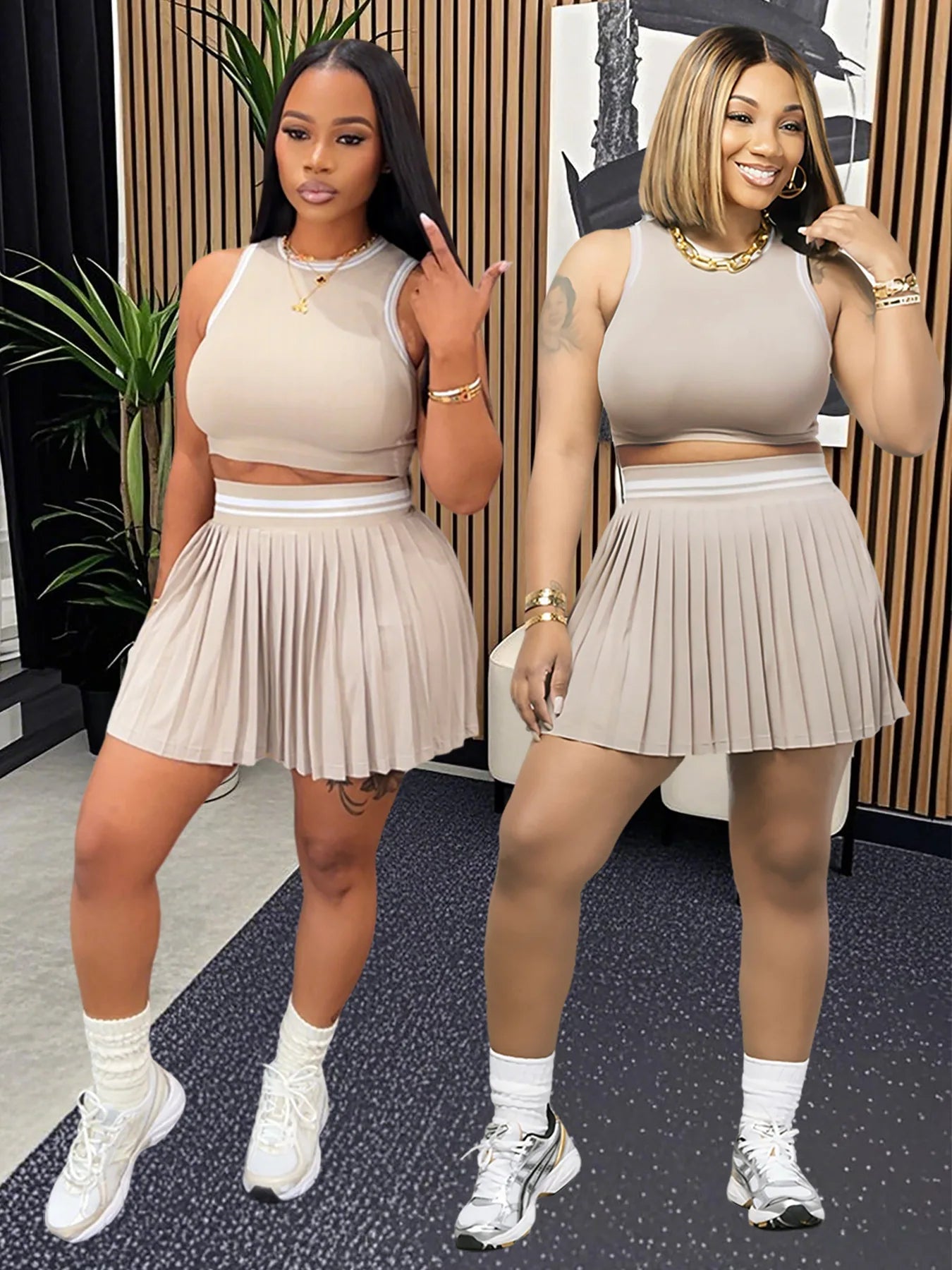 Sleeveless Solid Color O-Neck Crop Tank Top + Pleated Mini Tennis Skirt Women's Fitness 2-Piece Set