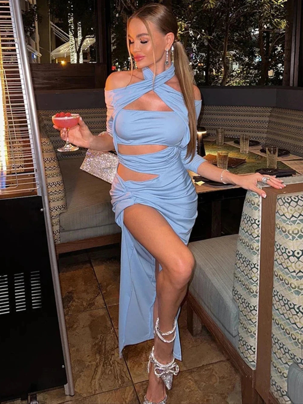 Sky Blue Halter Ruched Hollow-Out Off-the-Shoulder Long Sleeve Maxi Dress