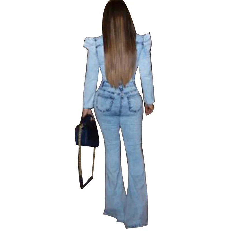 Balloon Sleeve Bleached Washed Denim Mid-Waist Single Breasted Sash Belted Spliced Vintage Jumpsuit to 3X Plus Size