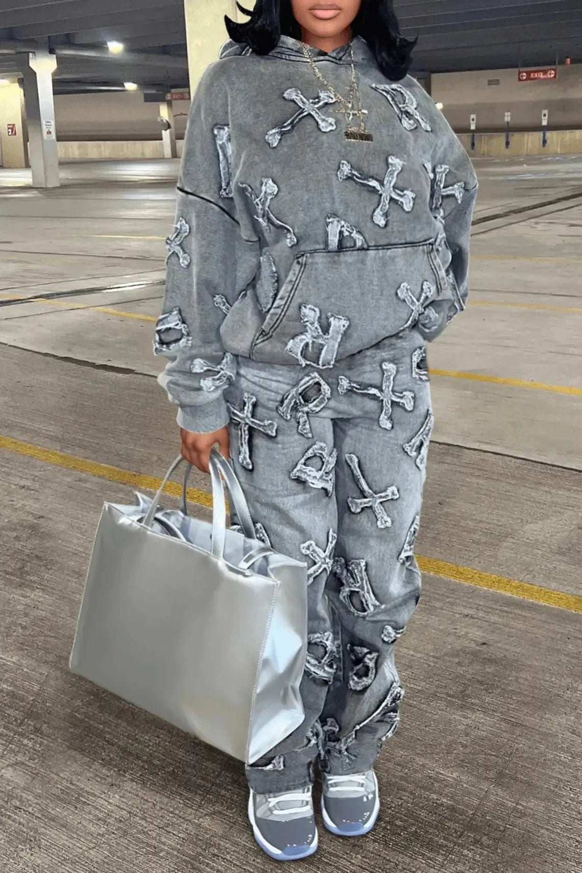 Cross Embroidered Design Women's Faded Faux Denim Hoodie Sweatshirt + Cargo Pants Tracksuit