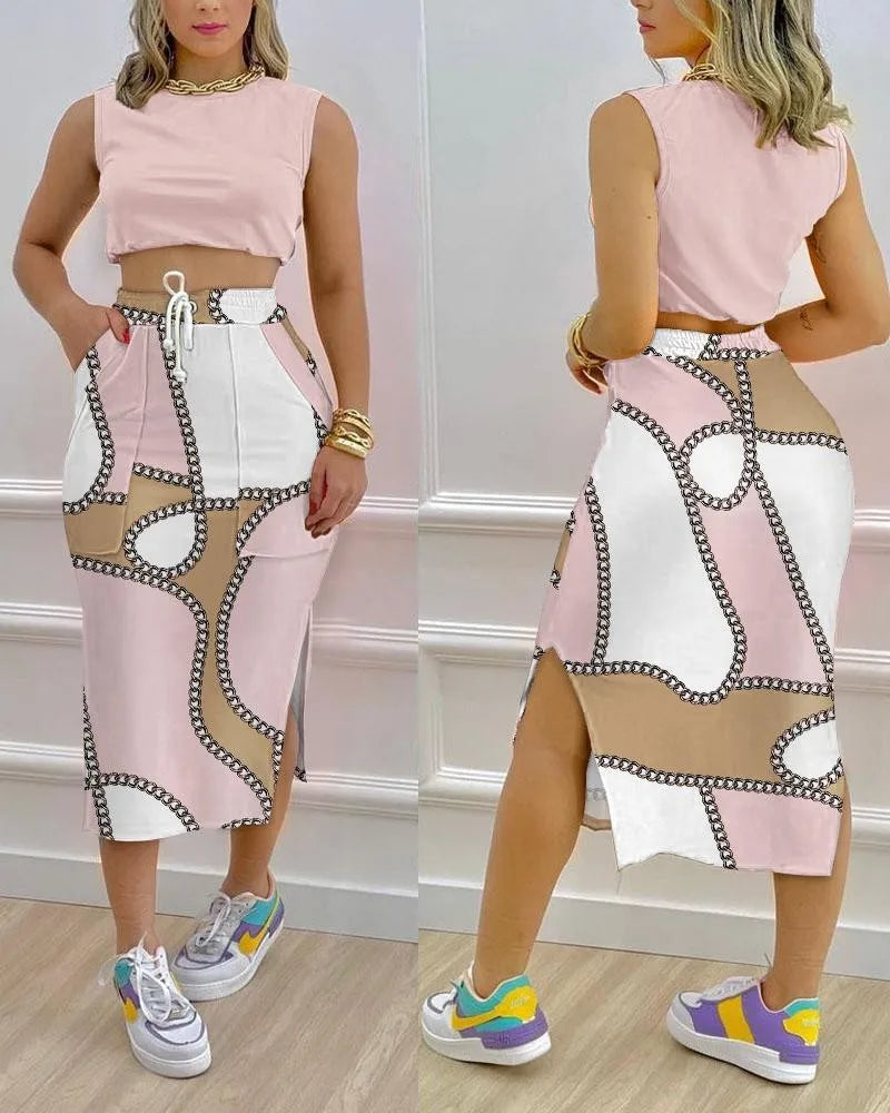 Printed Short Sleeve Round Neck + Top Split Midi Skirt 2-Piece Set