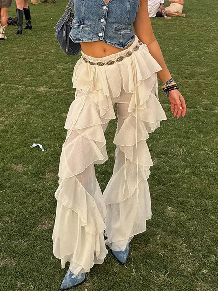 Irregular Western Sheer Transparent Ruffled Tierred Tassel Fringe Women's Patchwork Flared Pants