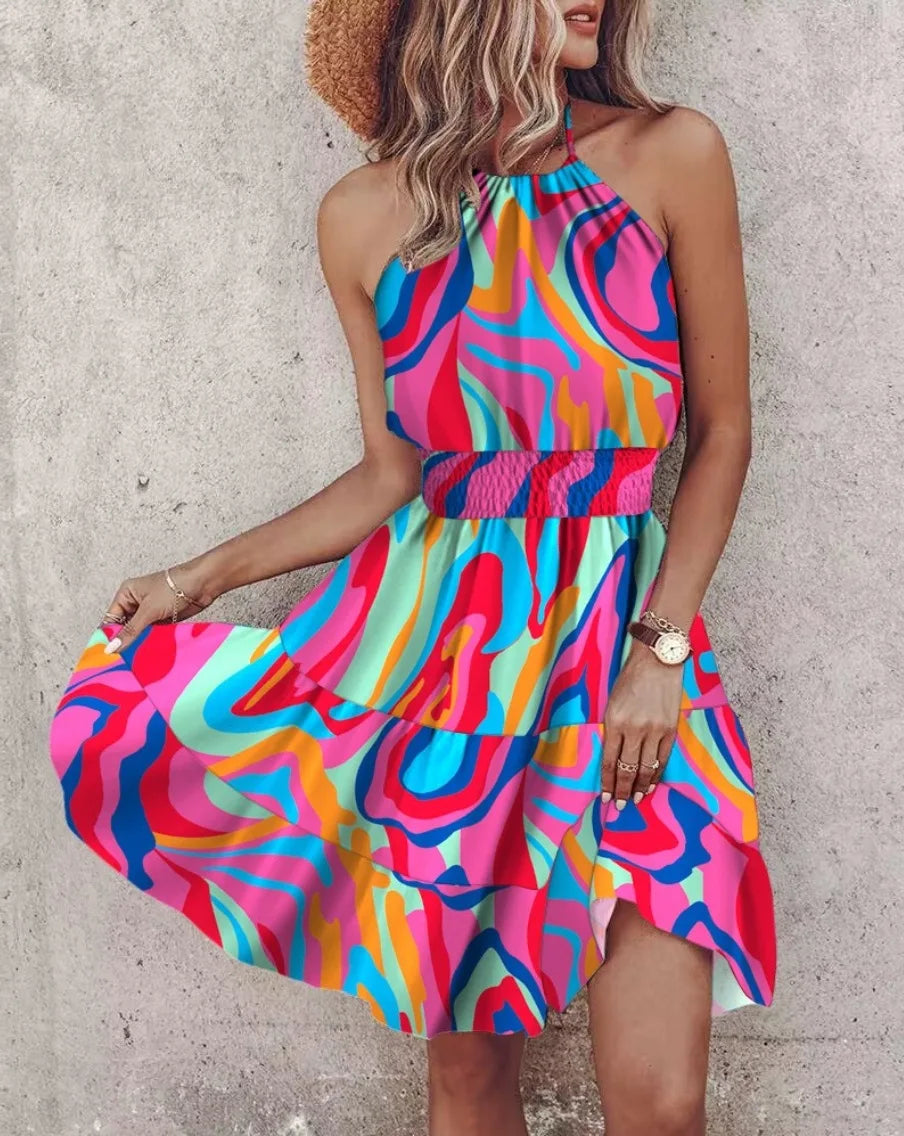 Irregular Geometric/Floral/Paisley/Tropical Print Backless Sleeveless Mini Dress