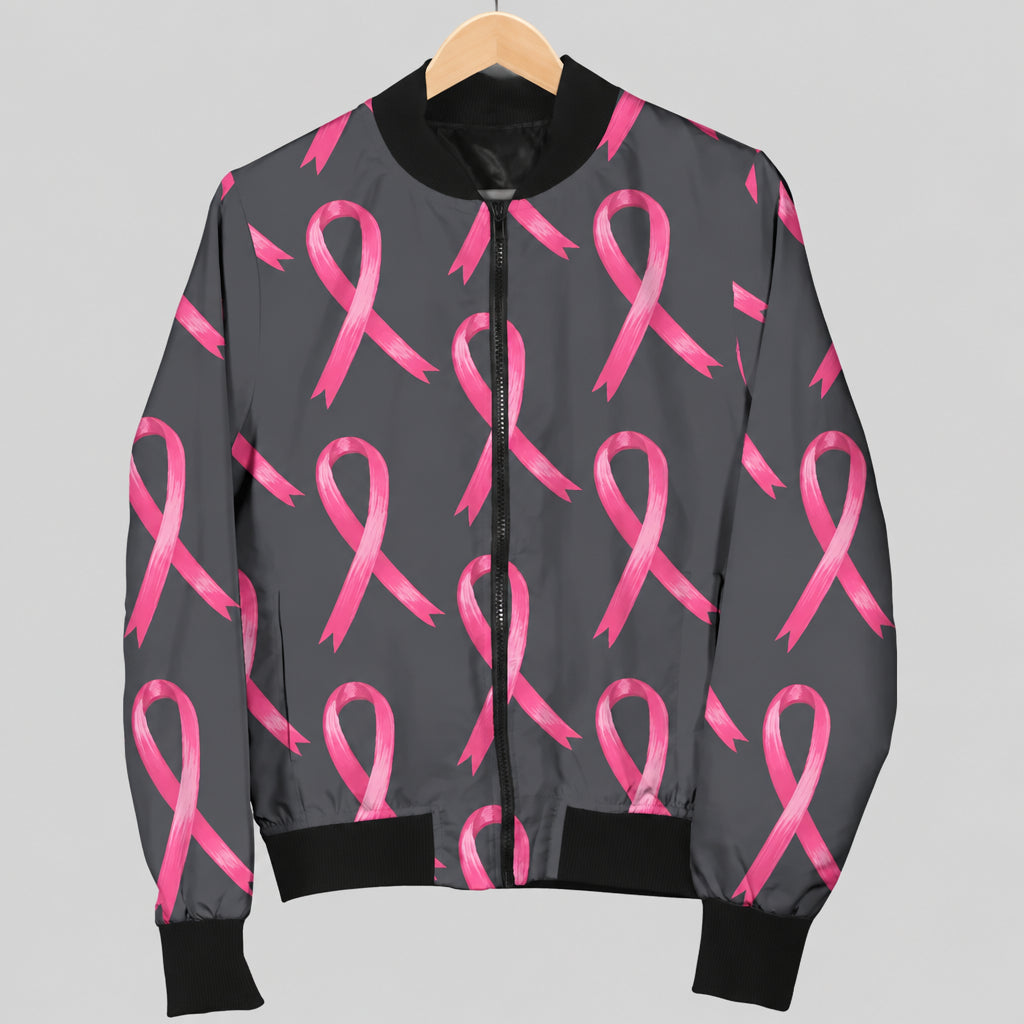 Breast Cancer Awareness Ribbons 3D Print Women's O-Neck Zipper Bomber Jacket