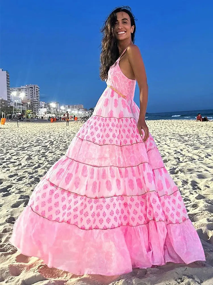 Pink Printed Ruffled Oversized Hem Loose Backless Sling Beach Maxi Dress