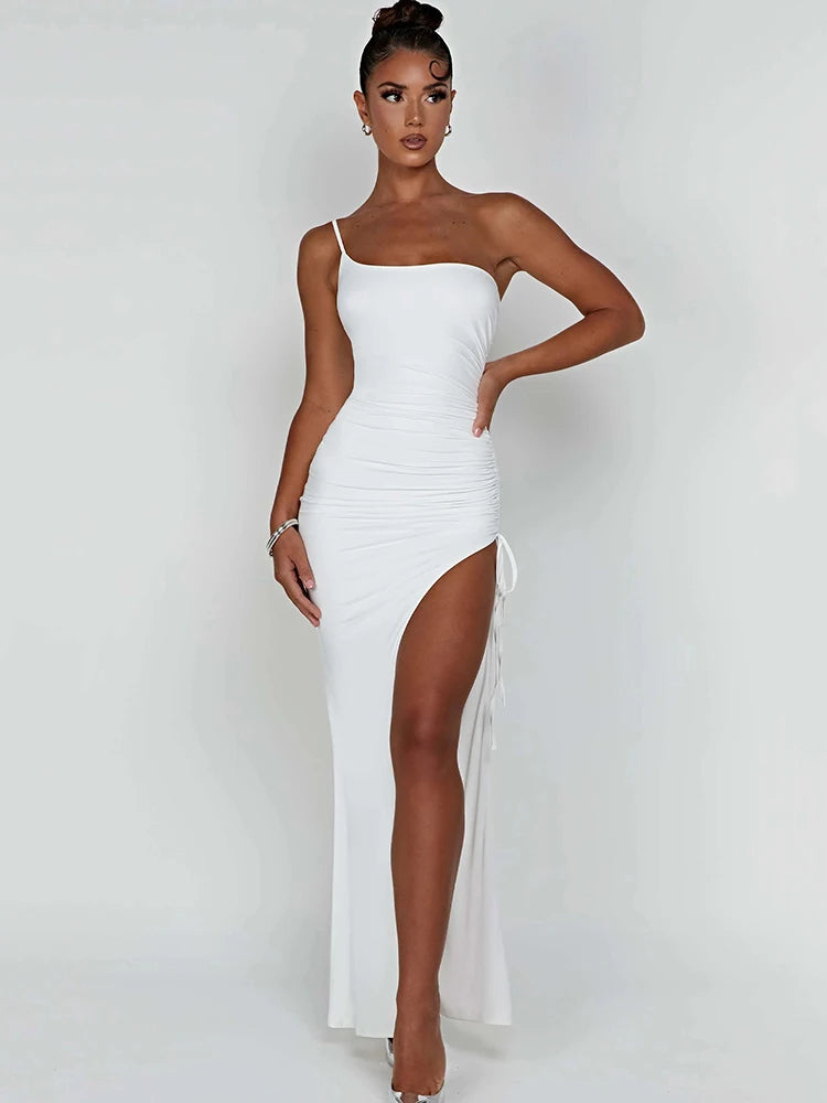 Asymmetrical Ruched One Shoulder Solid Color Drawstring High Slit Bodycon Maxi Dress