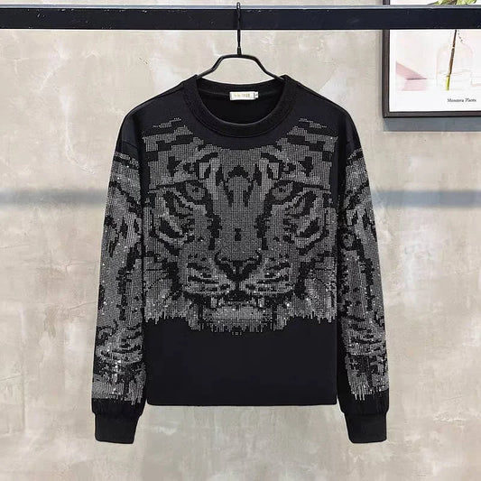 Men's Black Sliver Metallic Lion/Geometric Crystal Rhinestone Pullover Long Sleeve Hip-Hop O-Neck Sweatshirt