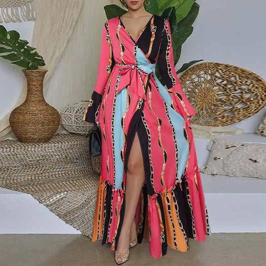 Bohemian Colorblock Striped Printed Long Sleeve Ruffled Belted High Slit Maxi Dress to 5X Plus Size