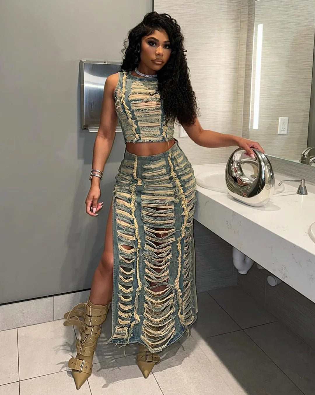 Denim Tassel Hollow-Out Fringe Design Women's Sleeveless Crop Top + High Slit Maxi Jean Skirt 2-Piece Set
