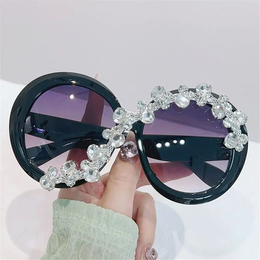 Criss-Cross Crystal Rhinestone Diamond Vintage Round Women's Oversized Sunglasses